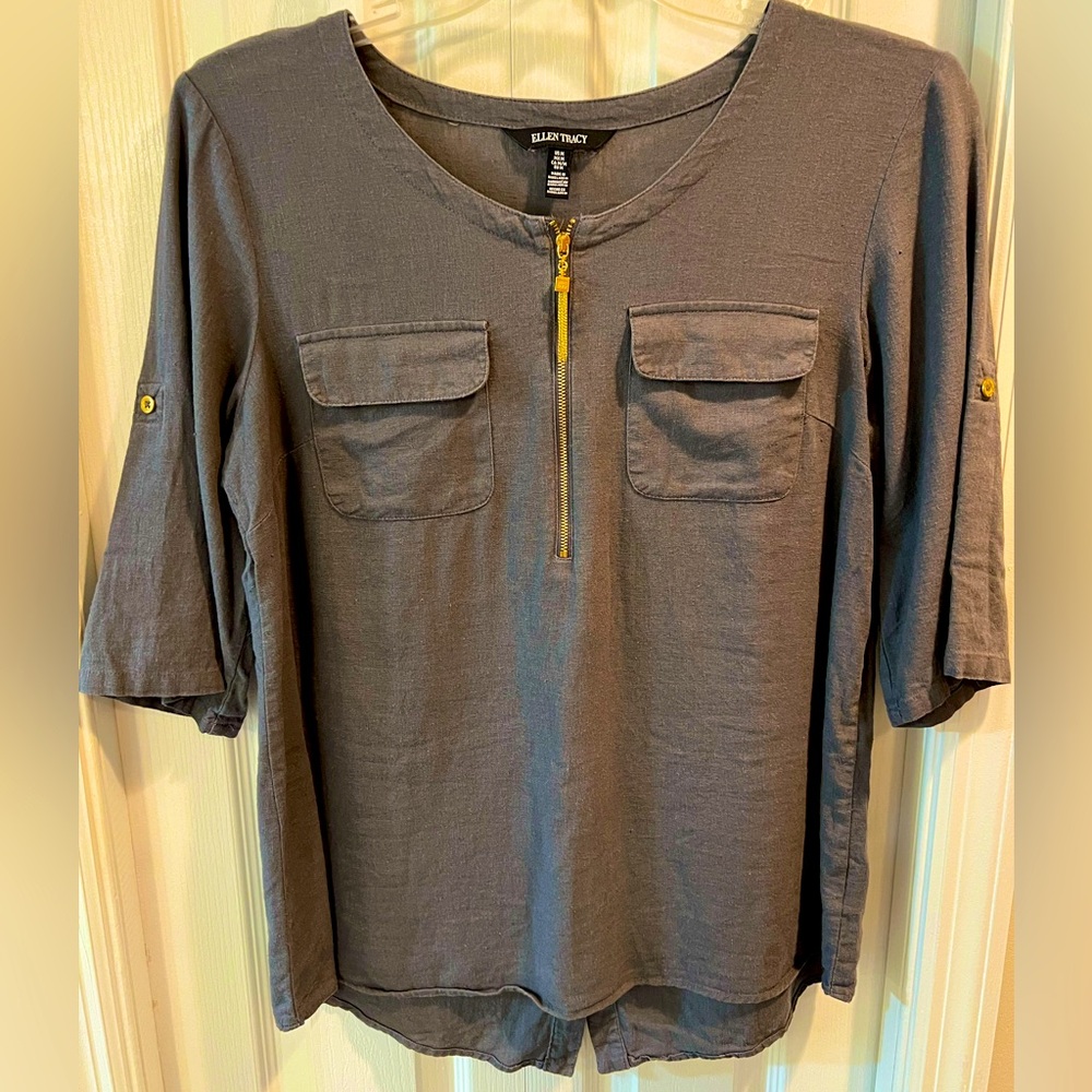 Linen Tunic Rolled Sleeves Gold Tone accents